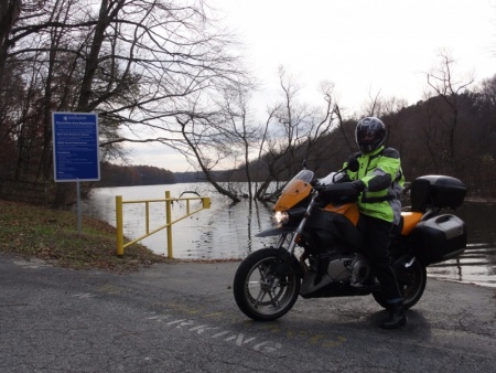Jay on the Buell - at the park where the water level is high again.